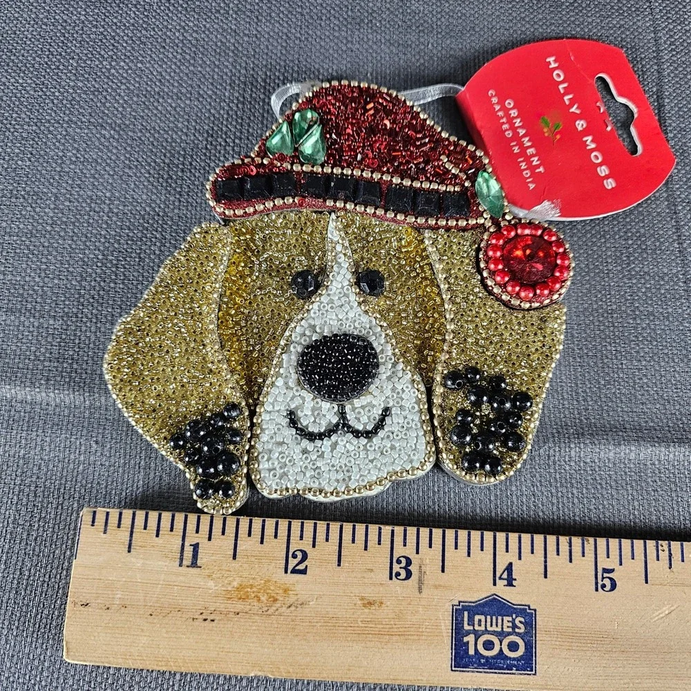 Holly & Moss Beaded Dog Christmas Ornament Santa Hat Beagle‎ Festive Holiday